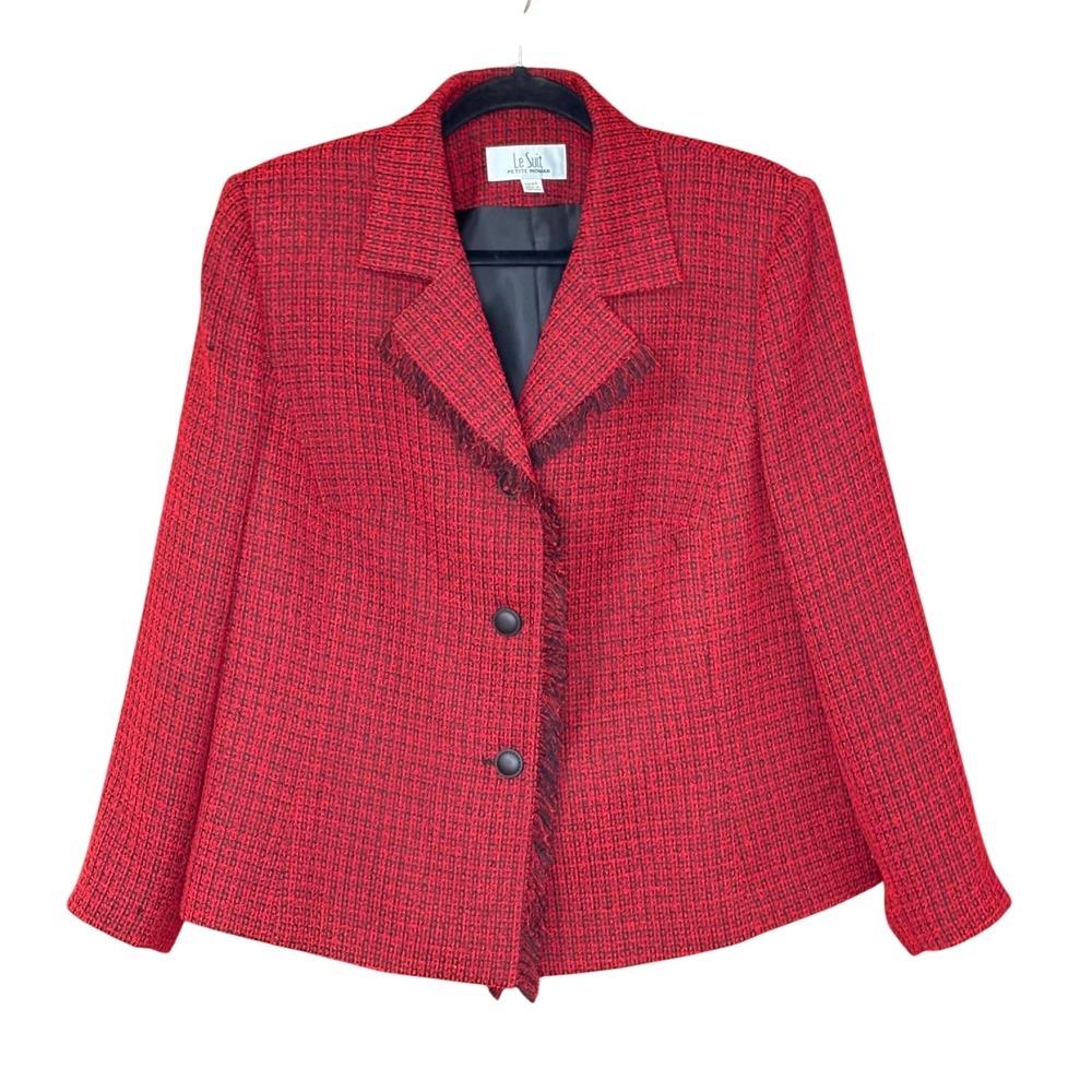 Le Suit Blazer Women 16WP Red Excellent Fringe Trim Tweed Button Front Jacket